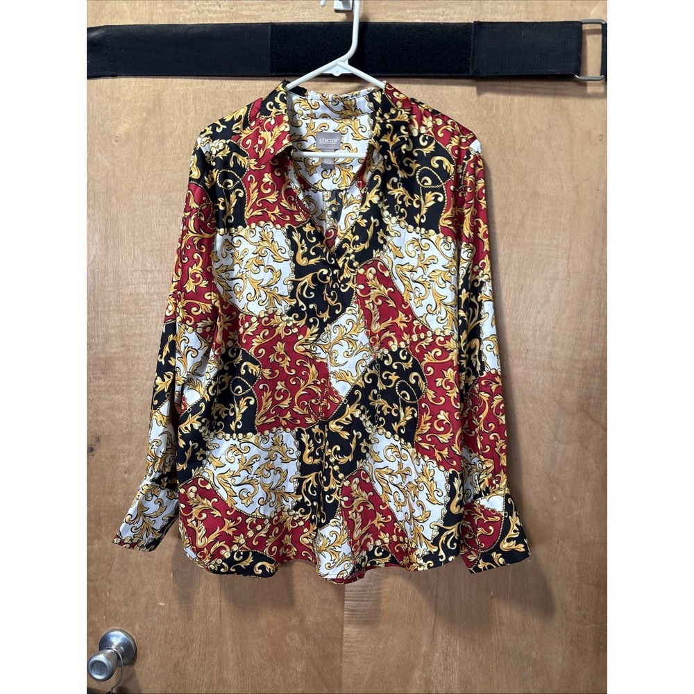 Chicos Polyester No Iron Pull Over Blouse Size 3 Red Black & Gold‎ Long Sleeve